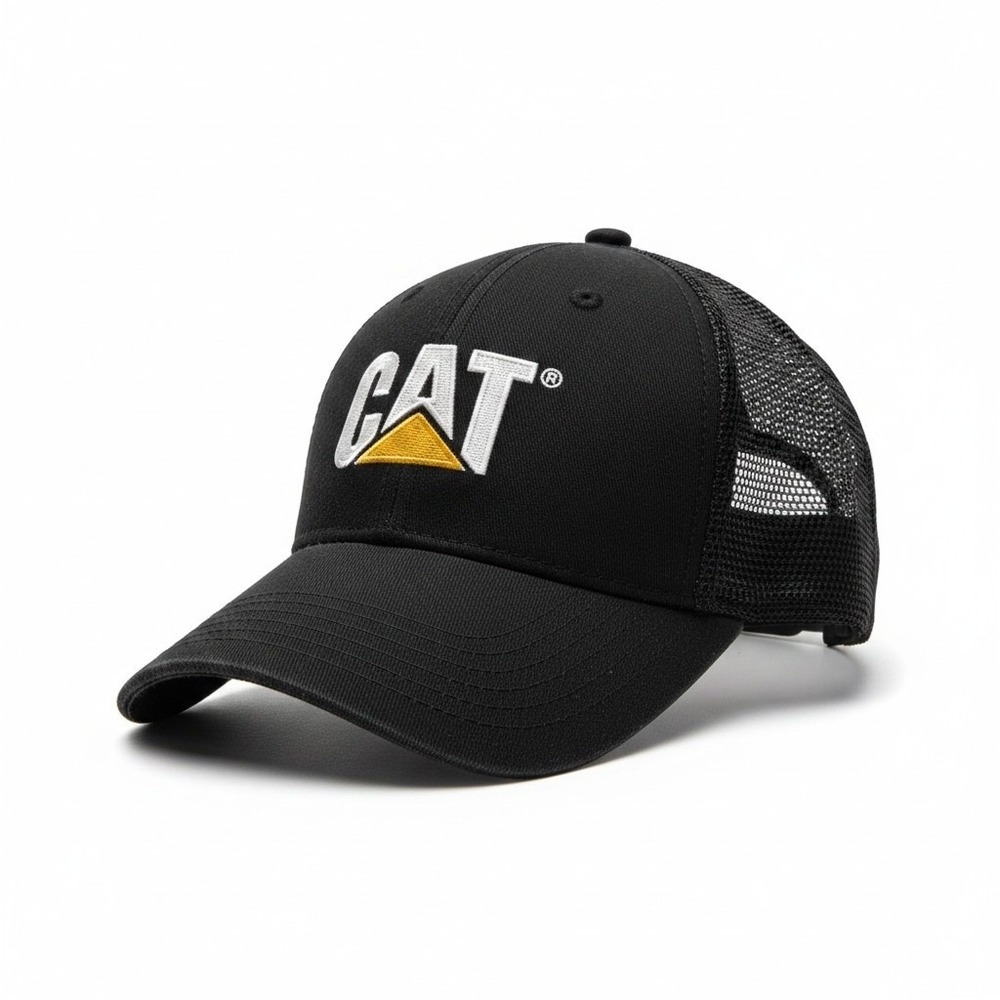 Caterpillar CAT Black Mesh Back Trucker Hat Snapback Baseball Cap Logo Mens